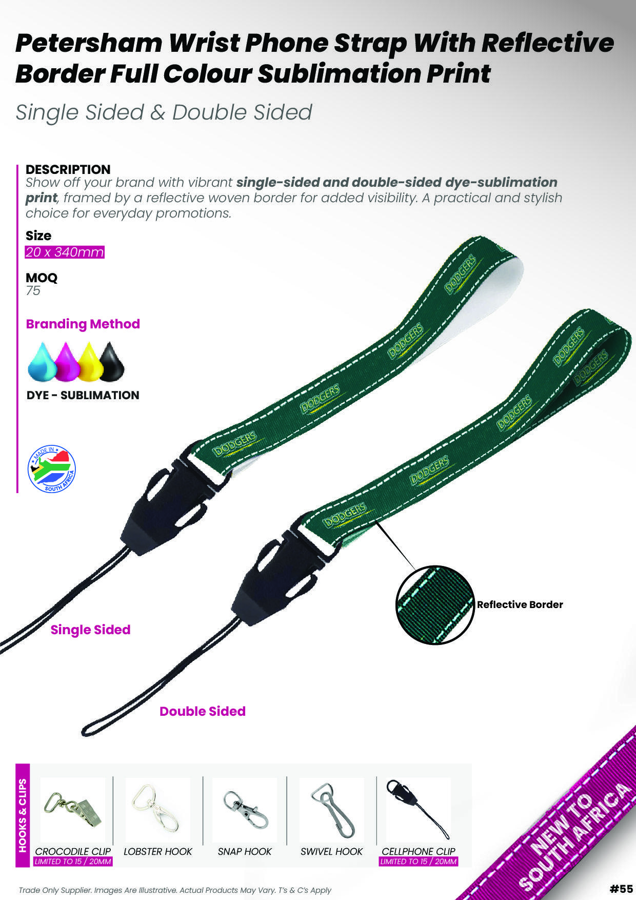 Petersham Wrist Phone Strap With Reflective Border Sublimation Print D/Sided with Crocodile Clip