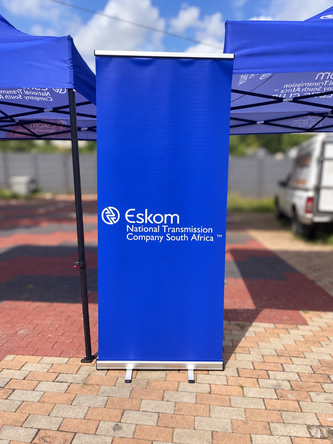 Portable Eskom display banner with matching outdoor gazebos