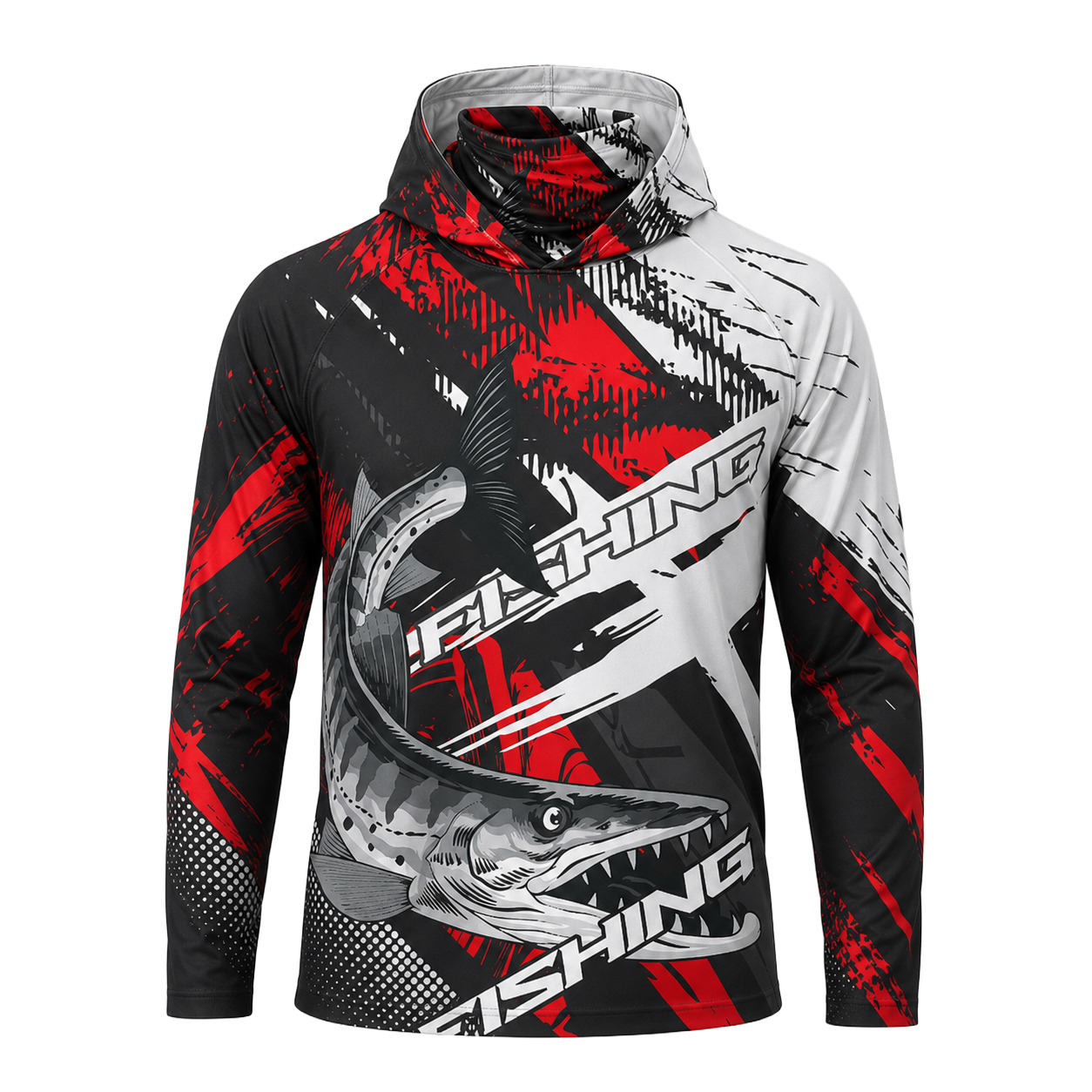 Dye Sub Men's Hooded T-shirt with Neck Warmer, Raglan Long Sleeve, Drop Needle