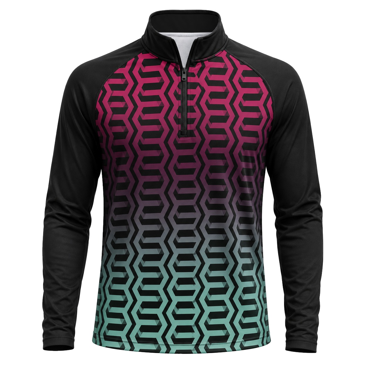 Dye Sub Men's Mandarin Collar 1/4 Zip Shirt, Raglan Long Sleeve, Reverse Birdseye
