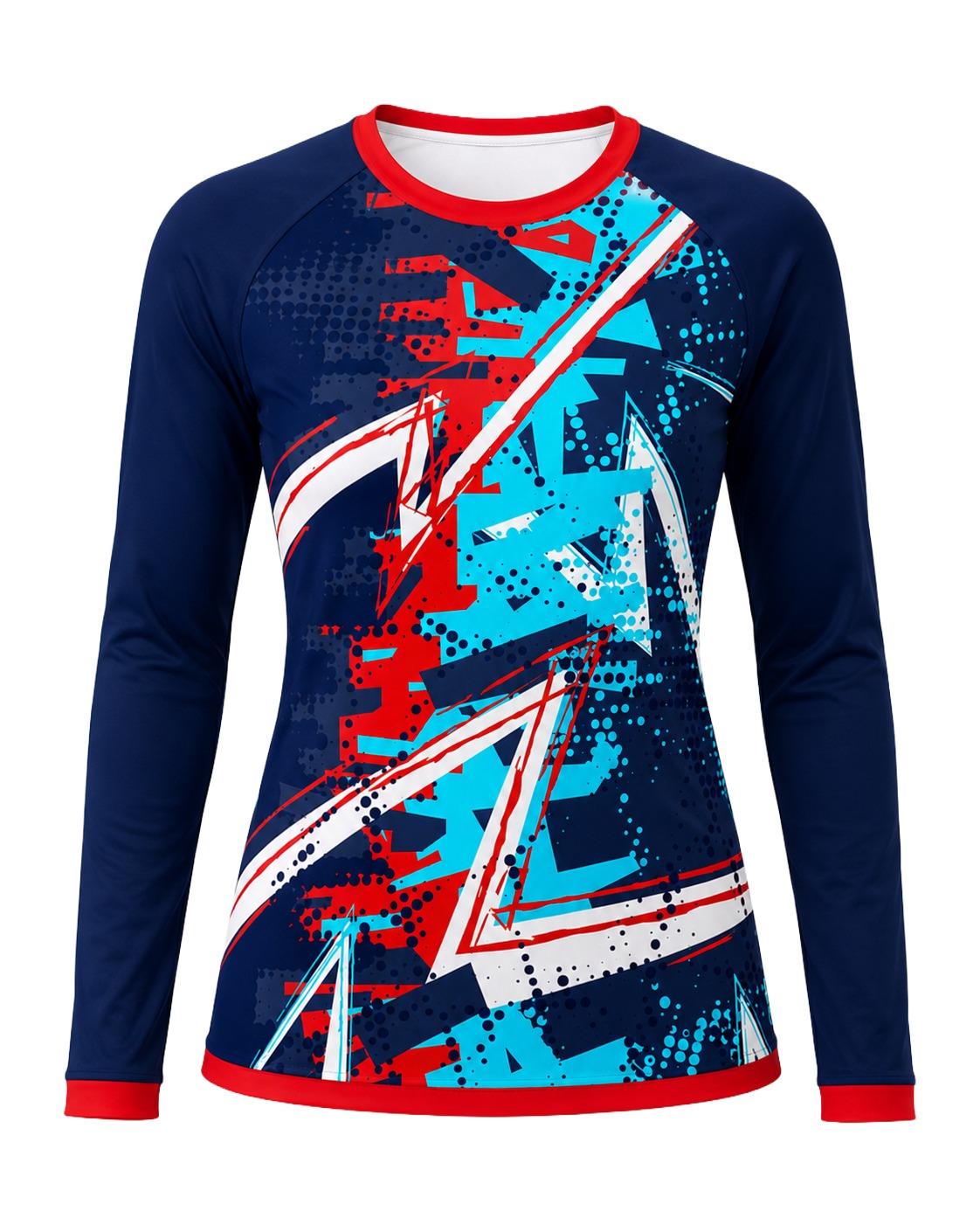 Dye Sub Ladies Ringer Crew Neck T-shirt, Raglan Long Sleeve, Birdseye