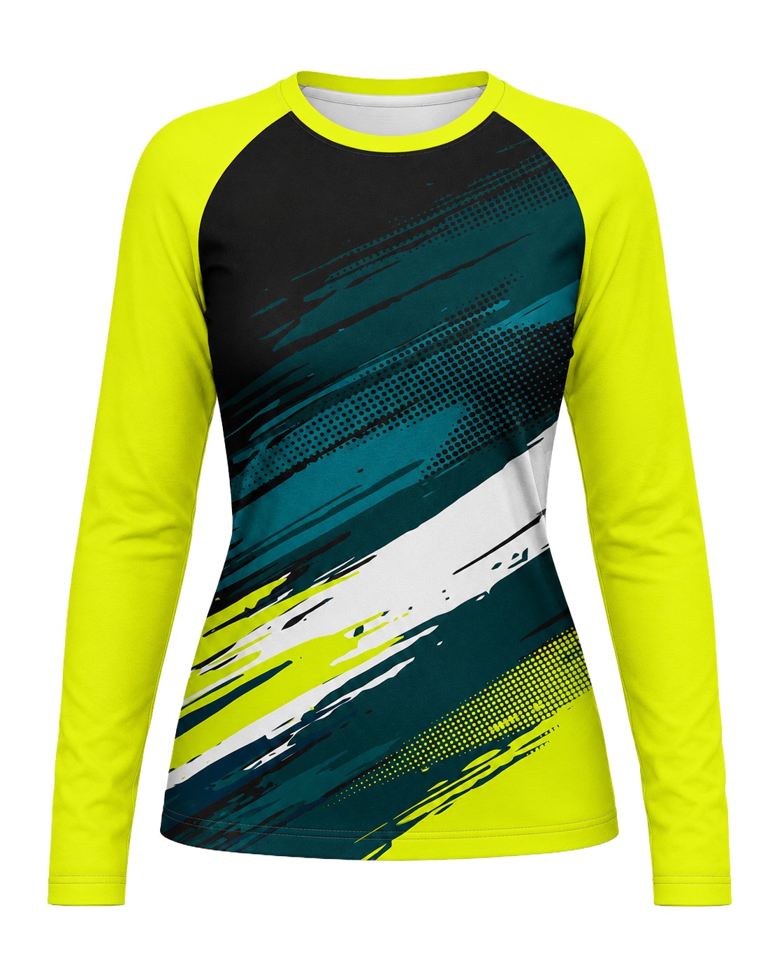 Dye Sub Ladies Crew Neck T-shirt, Raglan Long Sleeve, Drop Needle