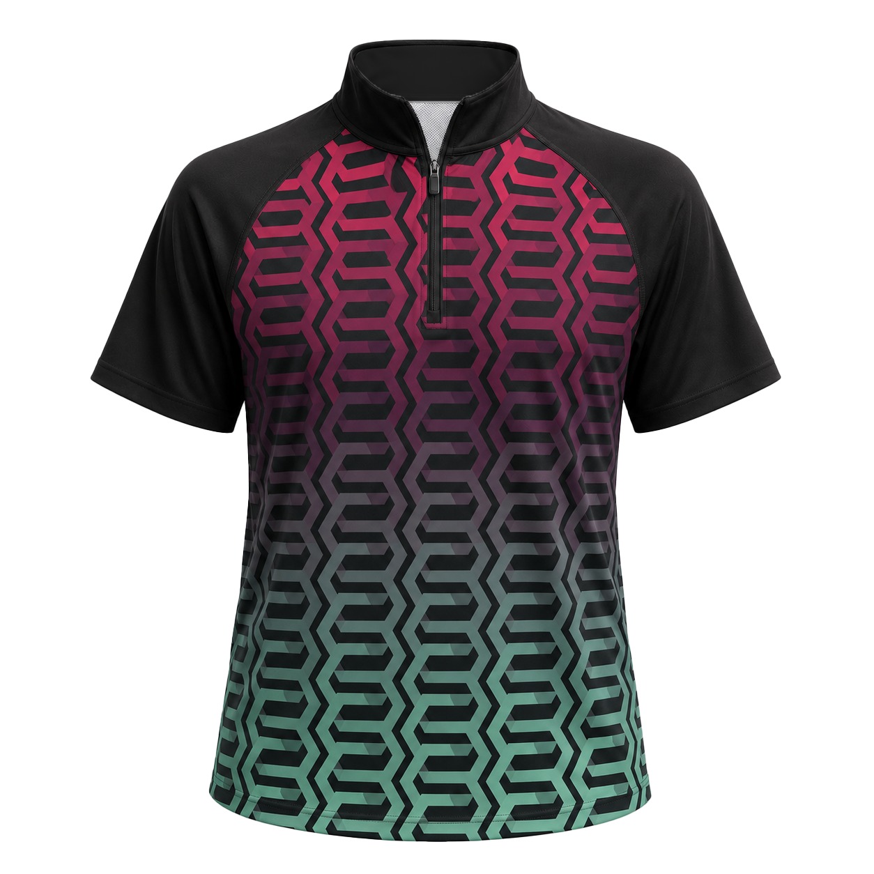 Dye Sub Men's Mandarin Collar 1/4 Zip Shirt, Raglan Short Sleeve, Birdseye