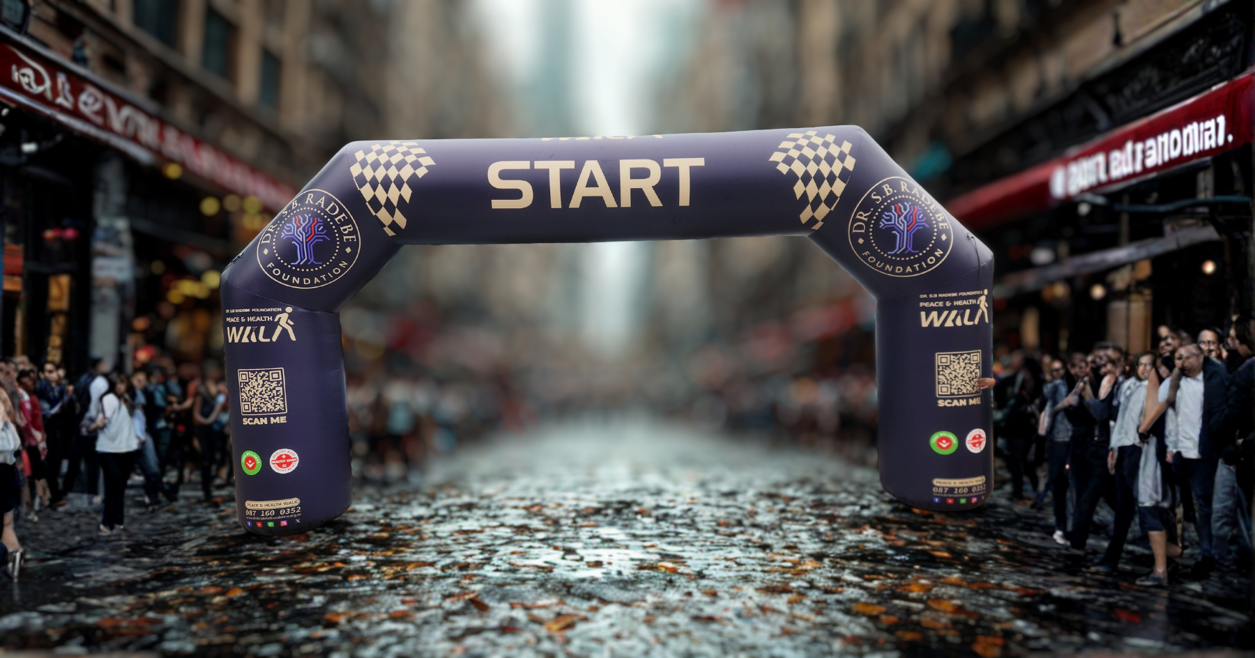 Branded inflatable start and finish arch supplied by Bold Display for the SB Radebe Foundation Health Walk, positioned at the event route for participants.